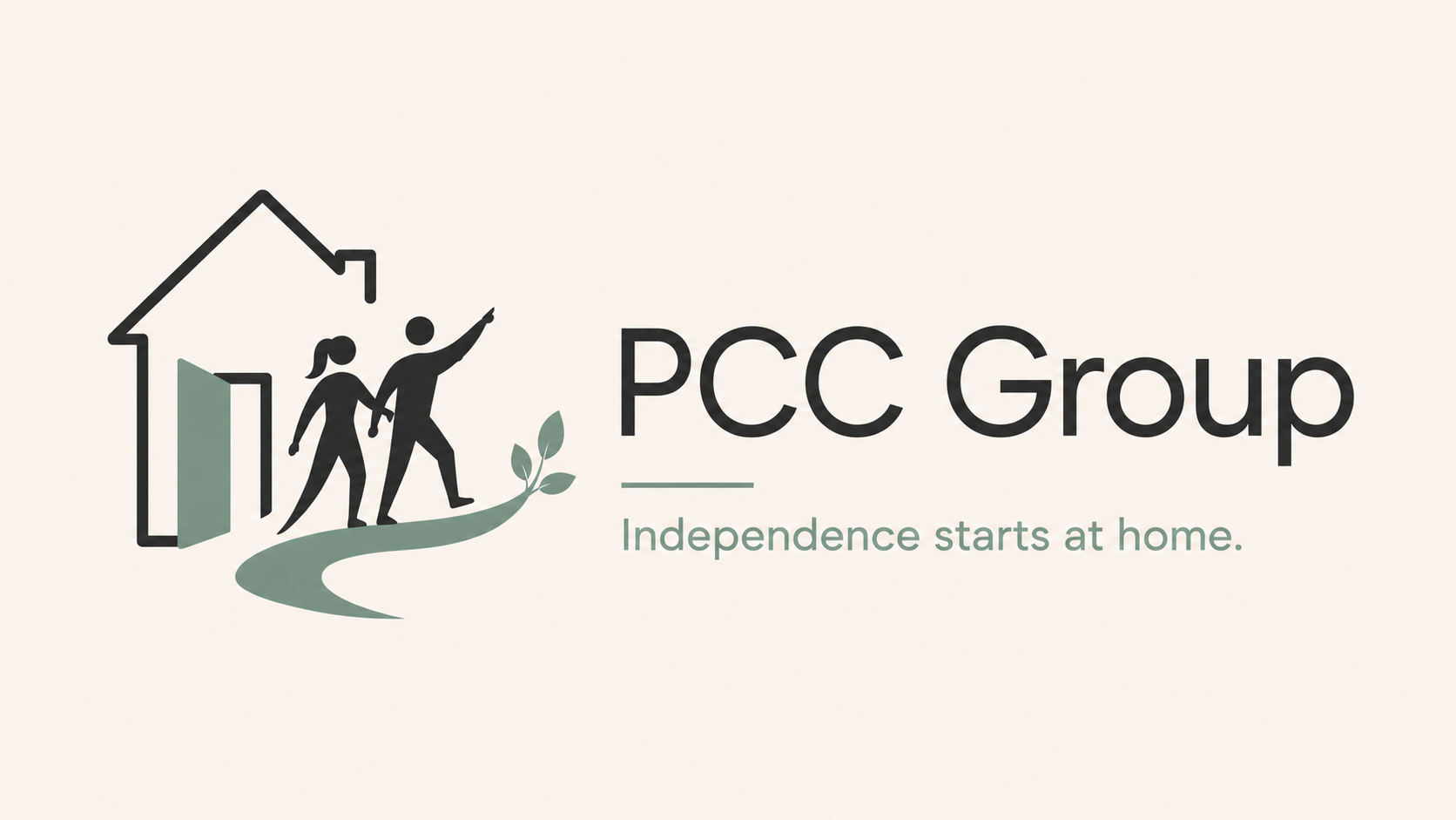 Outline of a black house, green door opens, two black people walking through arm in arm, pointing to the outside. Black PPC Group wording with sage green writing underneath saying Independence starts at home